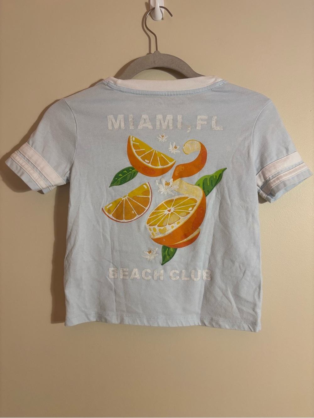 Abercrombie Kids Miami Orange Graphic Ringer Tee Light Blue size 7/8
